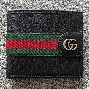 Gucci Ophidia Black Leather bi-fold wallet with Red and Green Stripe